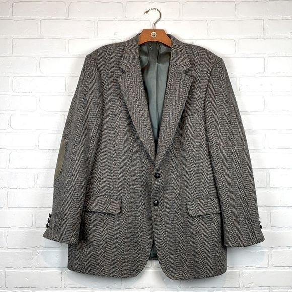 Vintage Oversized Herringbone Tweed Elbow Patch Two Button Blazer L - Picture 1 of 7